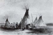 Karl Bodmer Lederzelte der Assiniboins nabe Fort oil